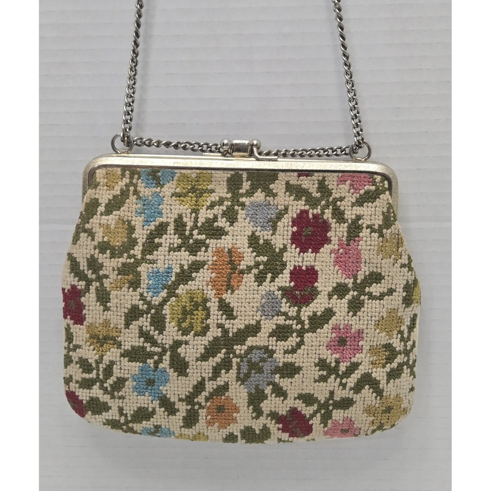 Vtg Floral Needlepoint Tapestry Evening Bag MCM Petit Point Kiss Lock Purse  EUC
